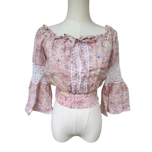 NWT Temptation Positano Paisley Linen Off The Shoulder Top coquette Cottagecore - Picture 2 of 11